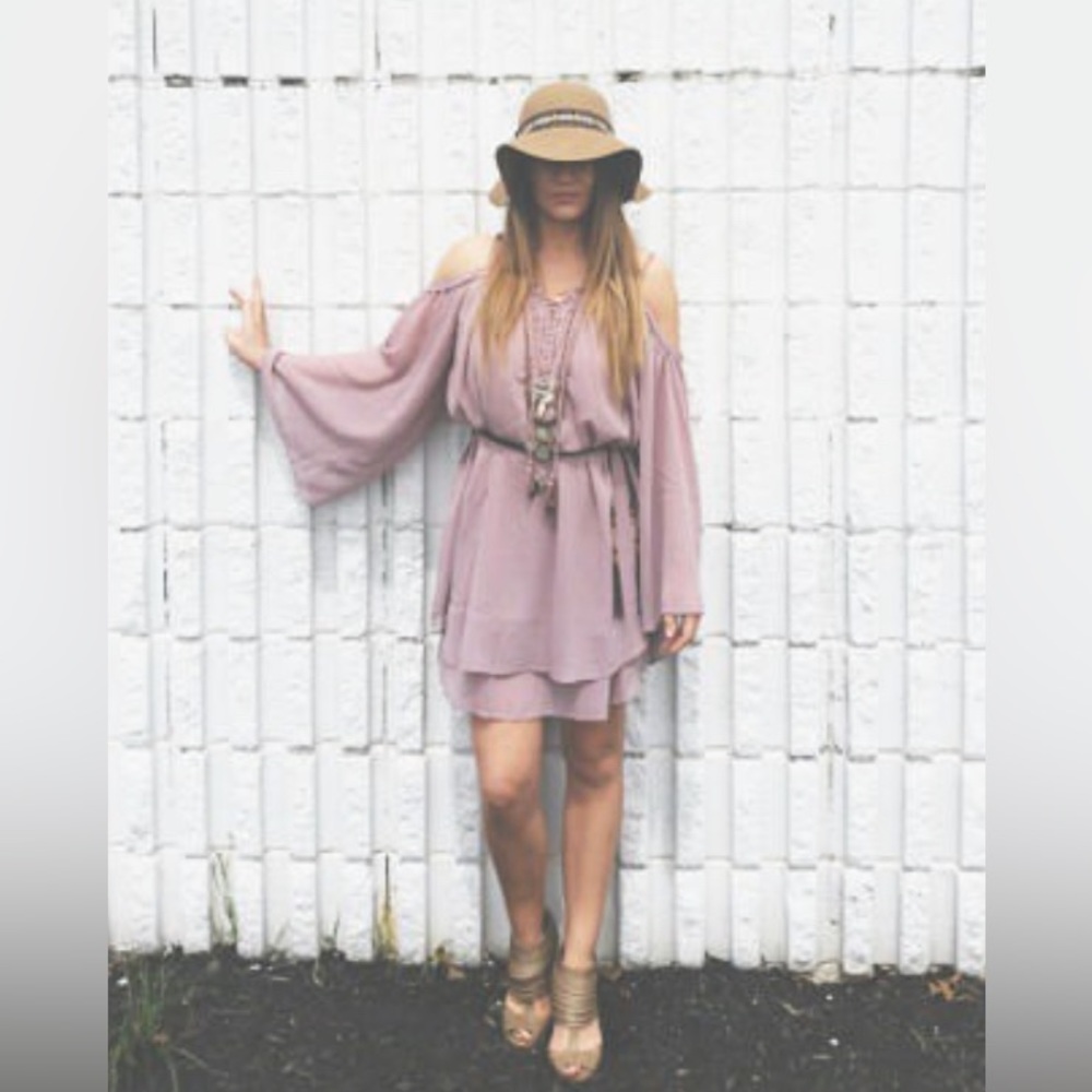 Mauve flowy long sleeve, open shoulder dress or top